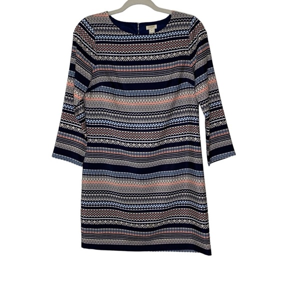 J. Crew striped multi navy, blue, coral pattern sheath long sleeve dress. Size 0 - Picture 1 of 10